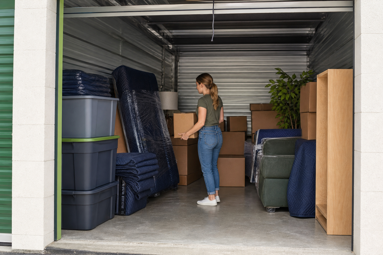 Organized storage unit with boxes bins and furniture covers