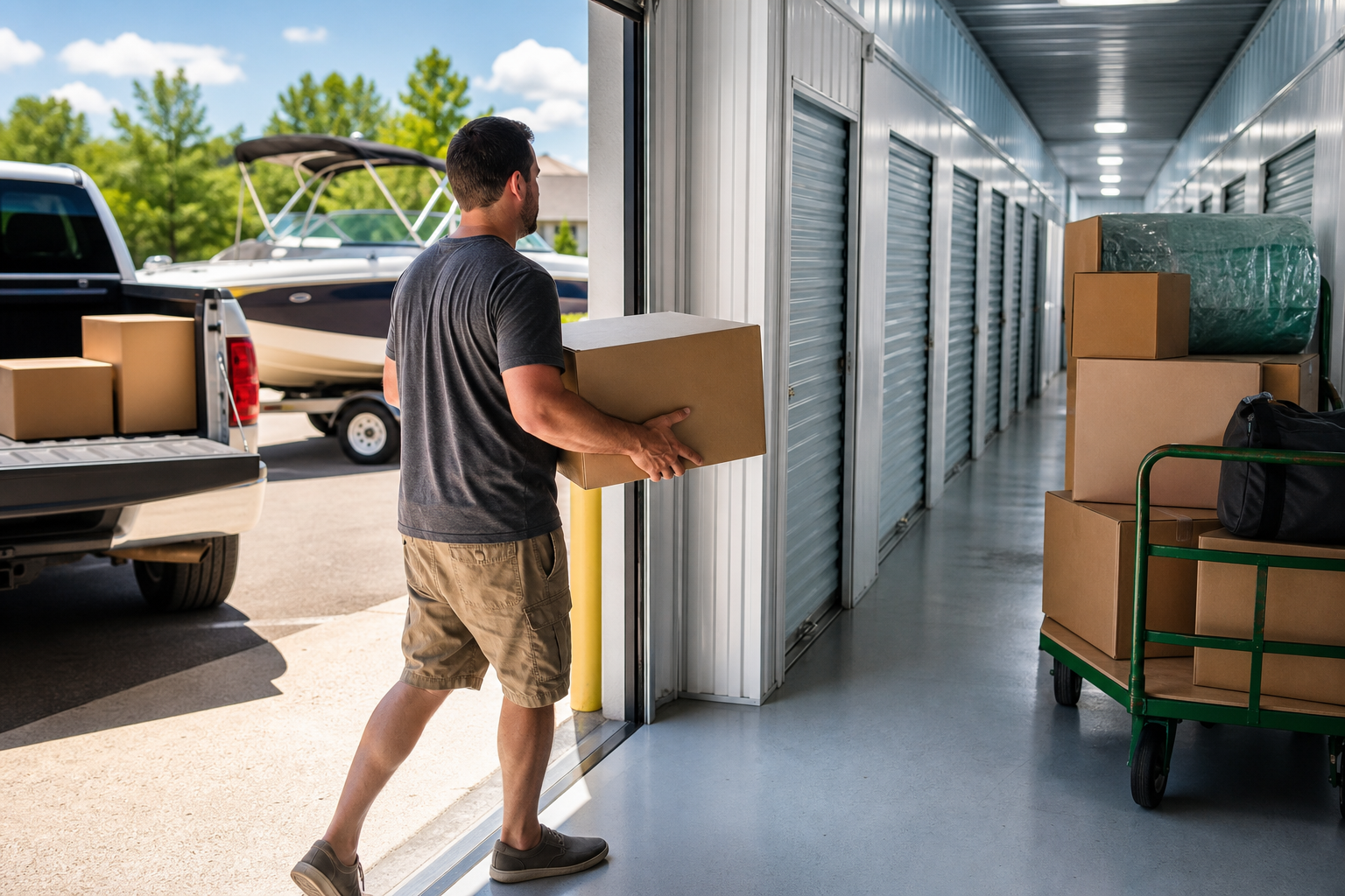 Boxes moving into climate controlled storage on a hot day
