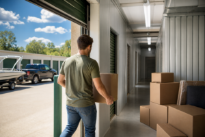 Boxes moving into climate controlled storage on a hot day