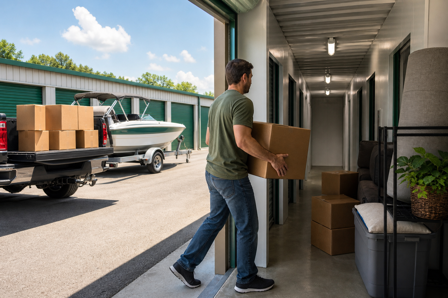 Boxes moving into climate controlled storage on a hot day