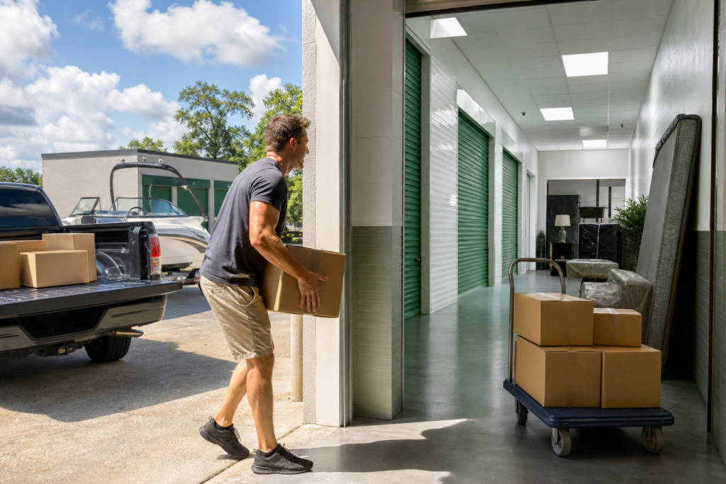 Boxes moving into climate controlled storage on a hot day