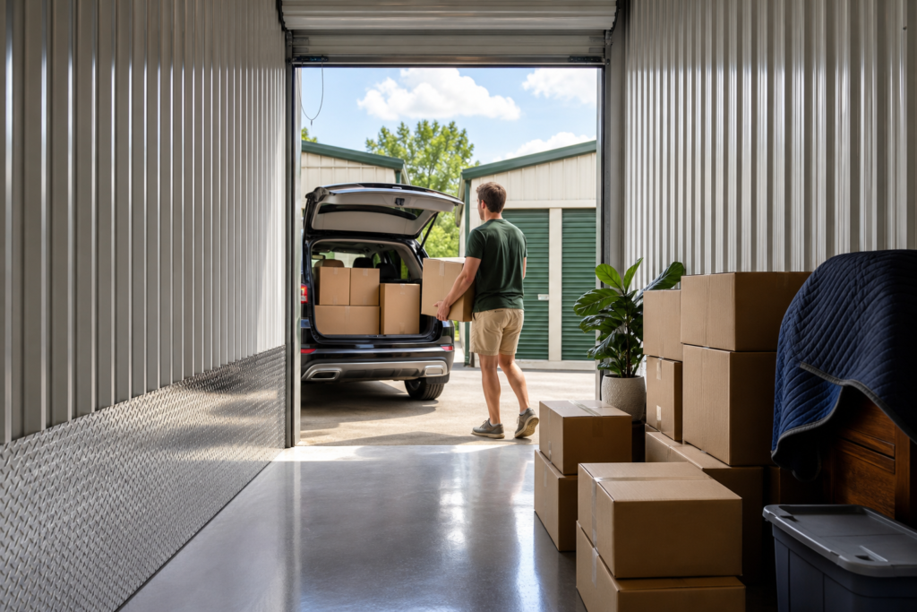 Boxes moving into climate controlled storage on a hot day