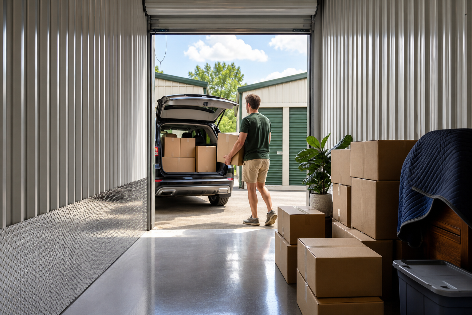 Boxes moving into climate controlled storage on a hot day