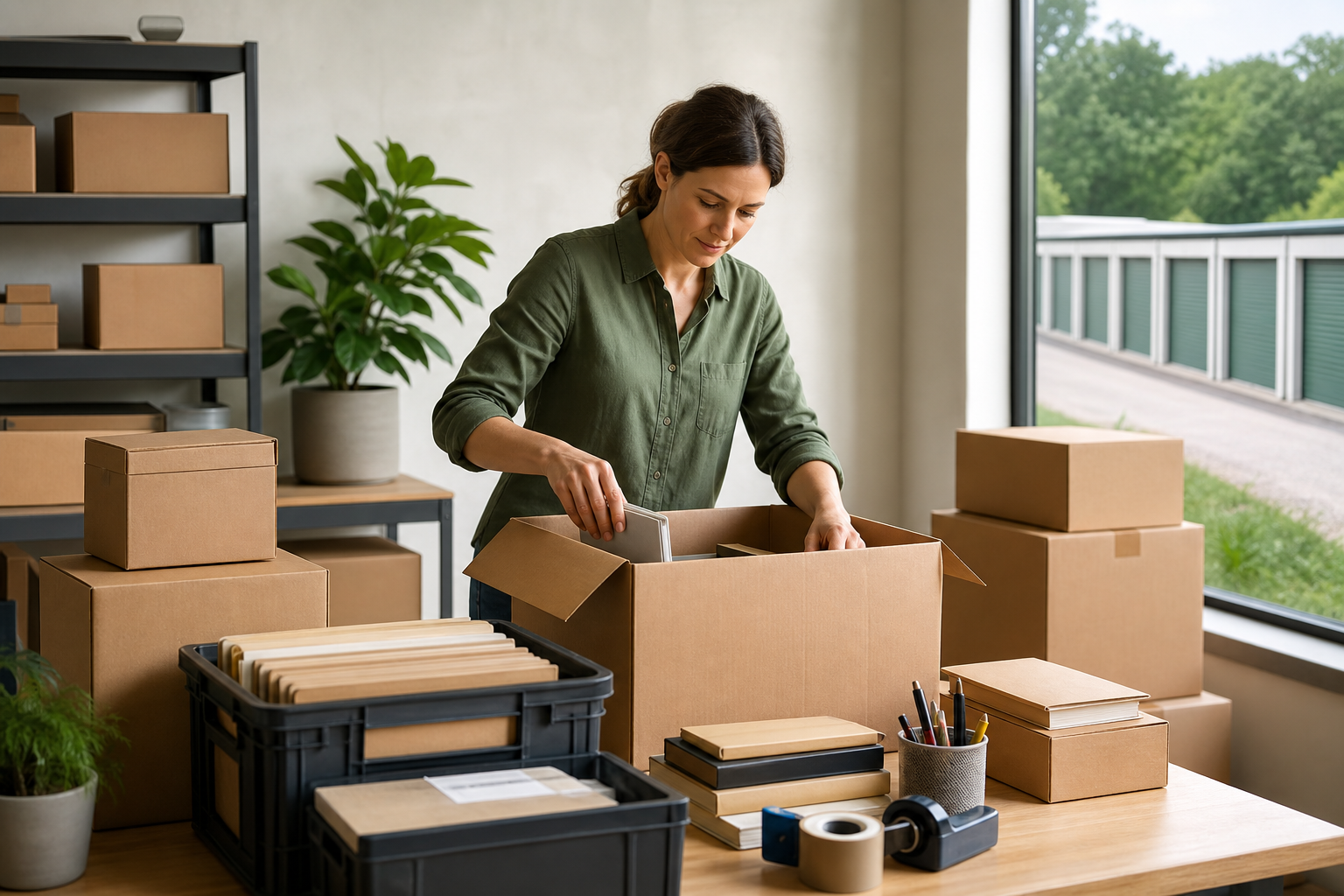 Business owner packing office inventory for storage