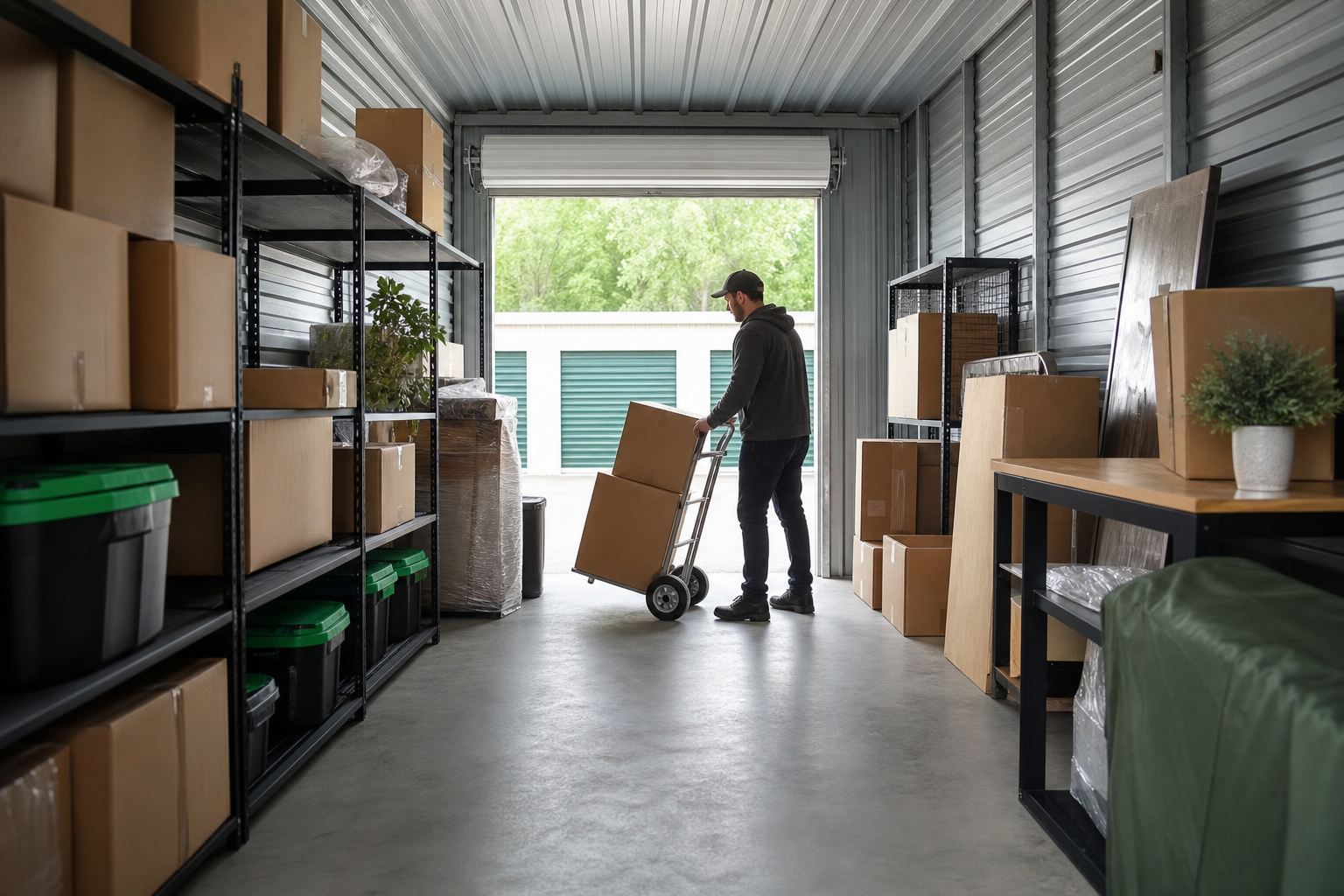 Organized inventory aisle in a storage unit