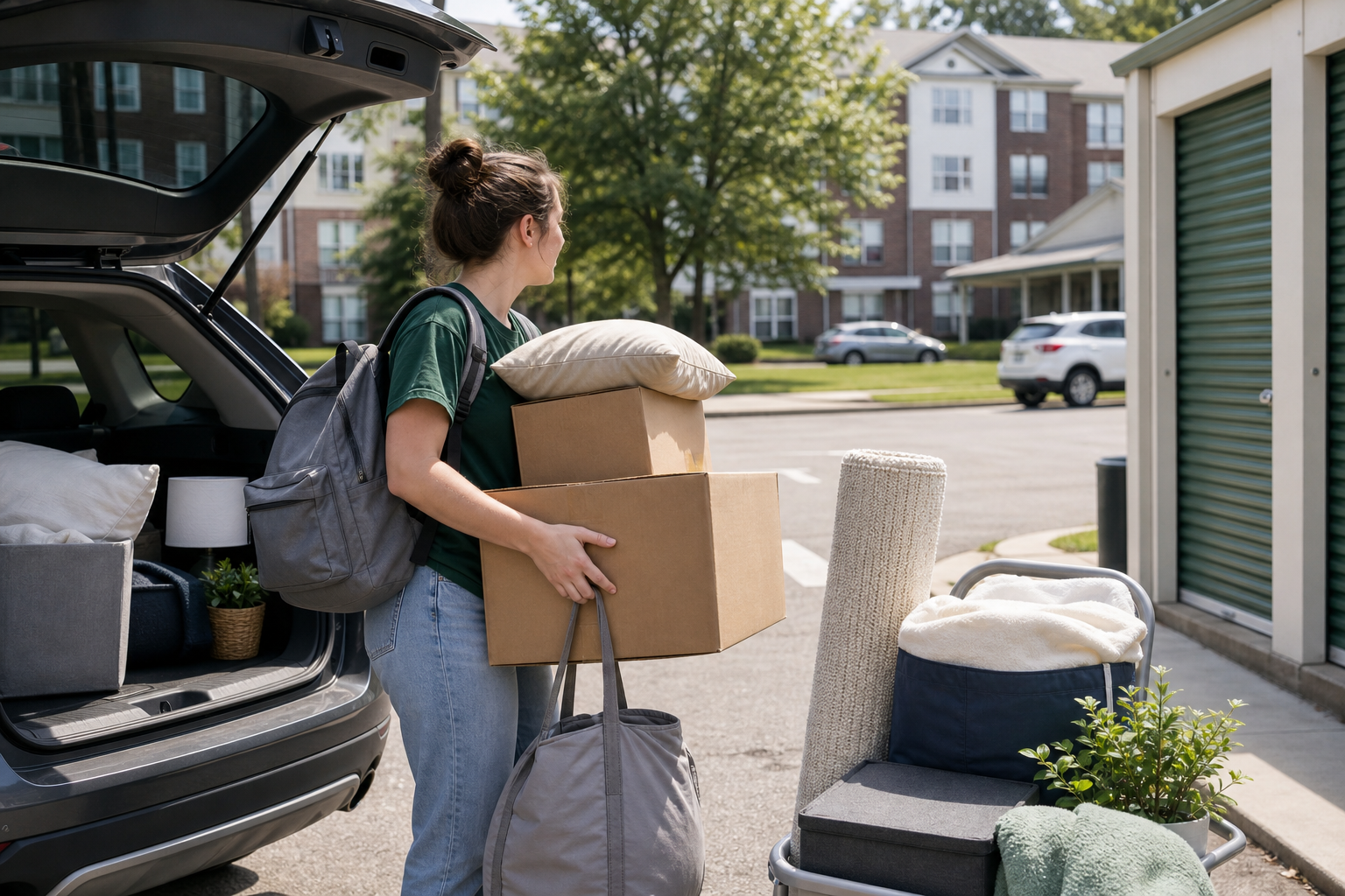 College student carrying boxes for storage