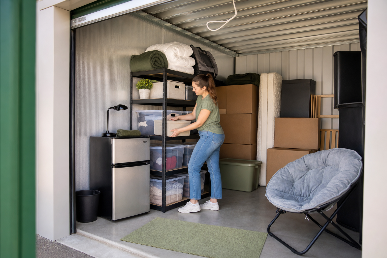 Small storage unit organized for student belongings