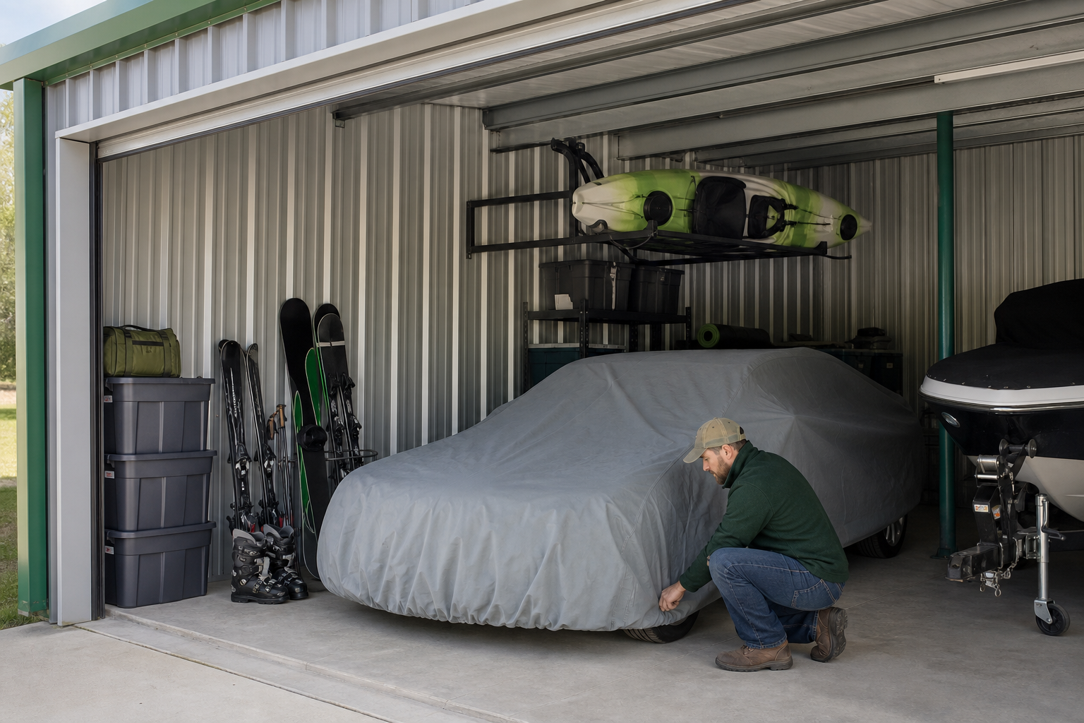 Covered seasonal gear and vehicle storage