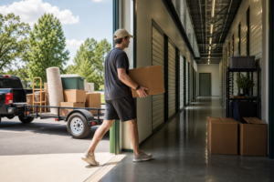 Boxes moving into climate controlled storage on a hot day