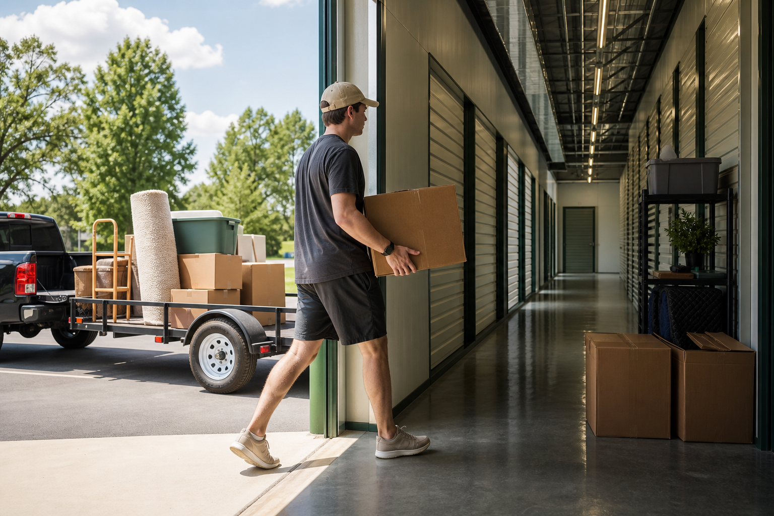 College student carrying boxes for storage
