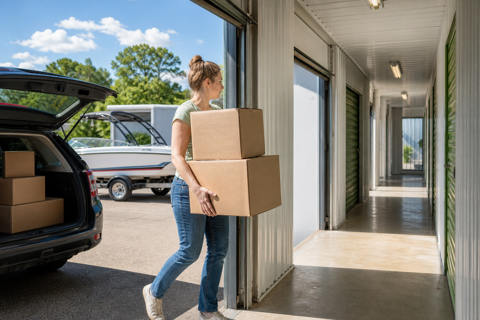 College student carrying boxes for storage