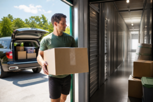 Boxes moving into climate controlled storage on a hot day