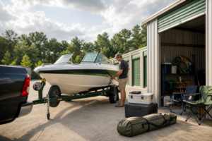 Boat being prepared for storage near a storage facility