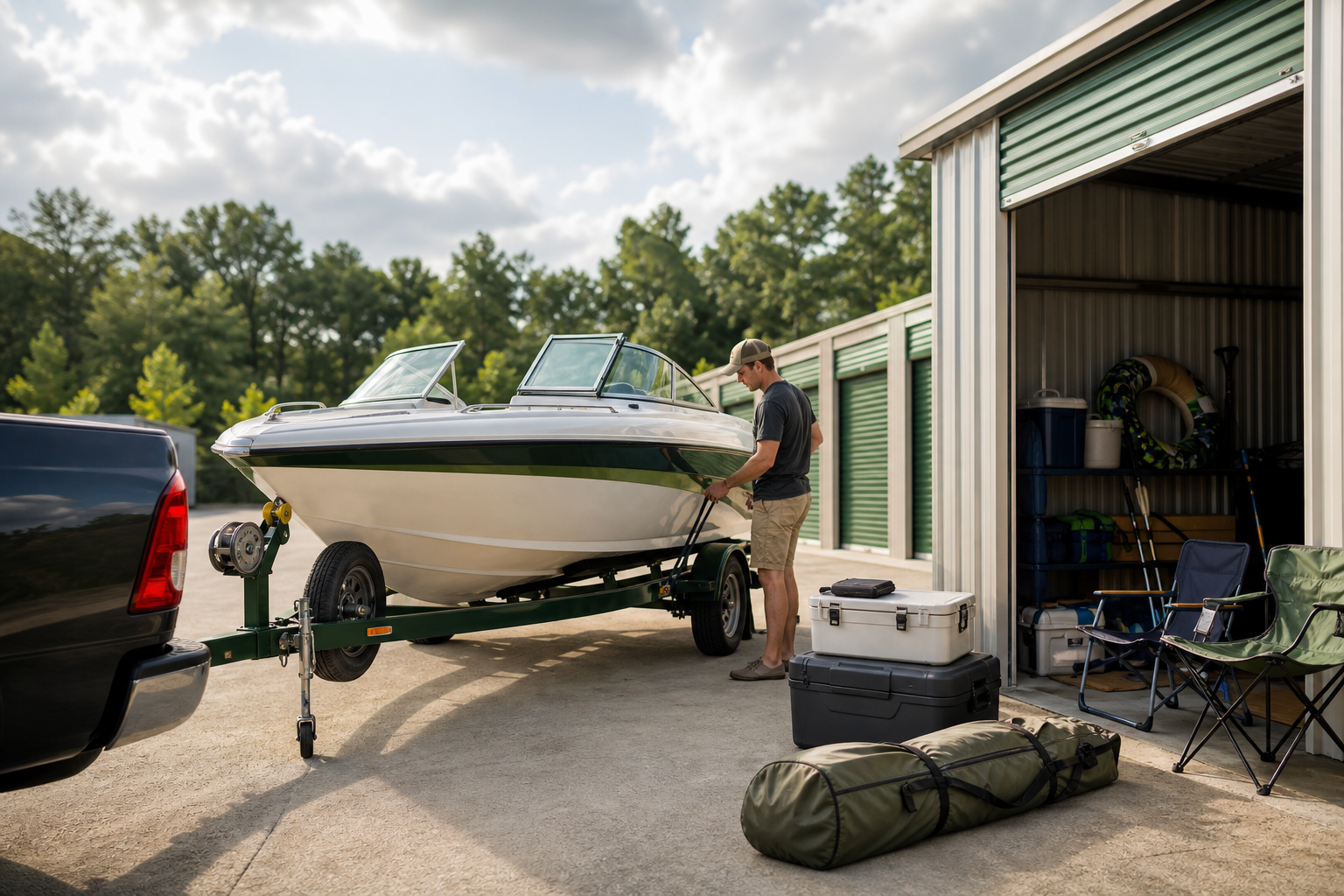 Boat being prepared for storage near a storage facility