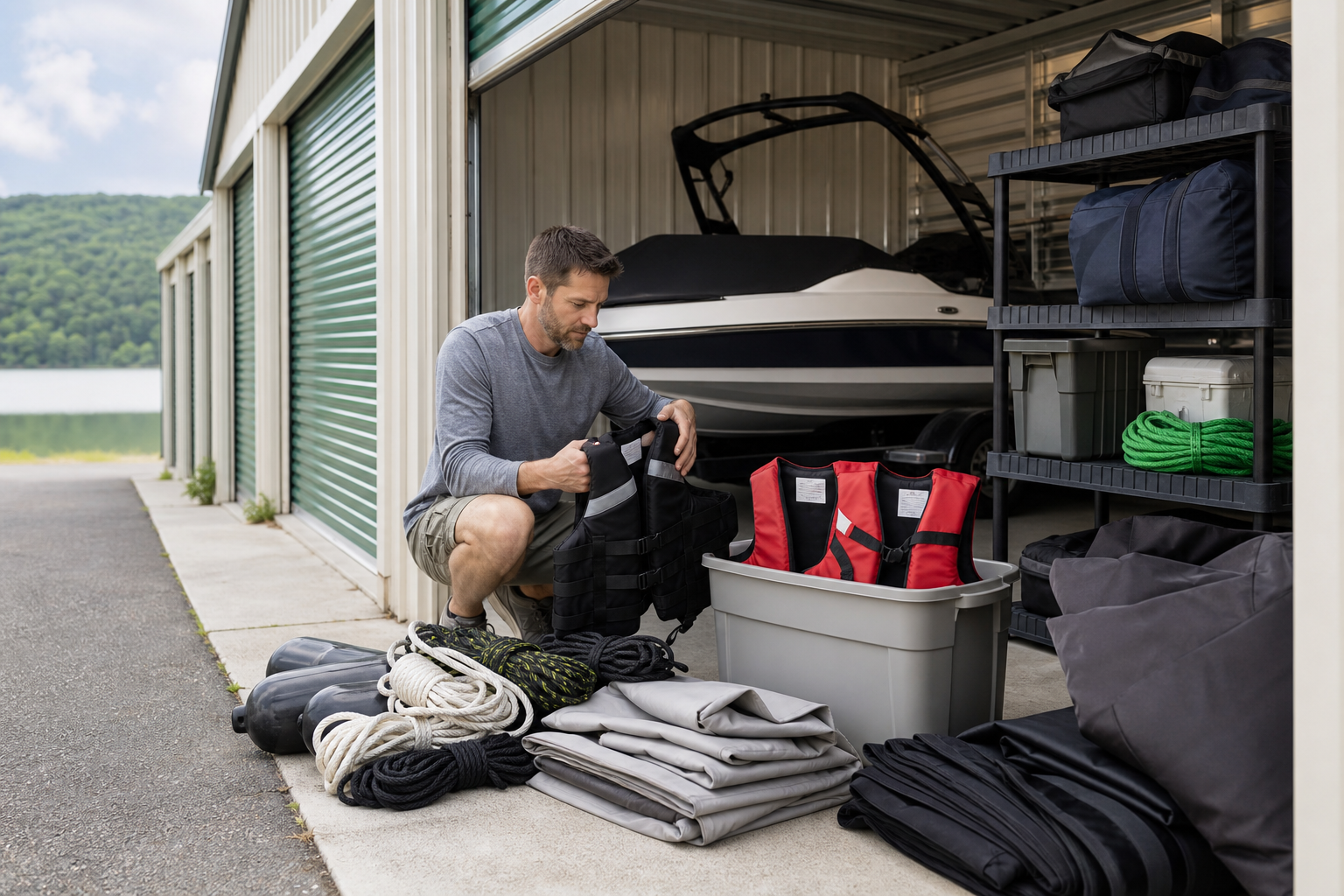Boat gear staged for seasonal storage