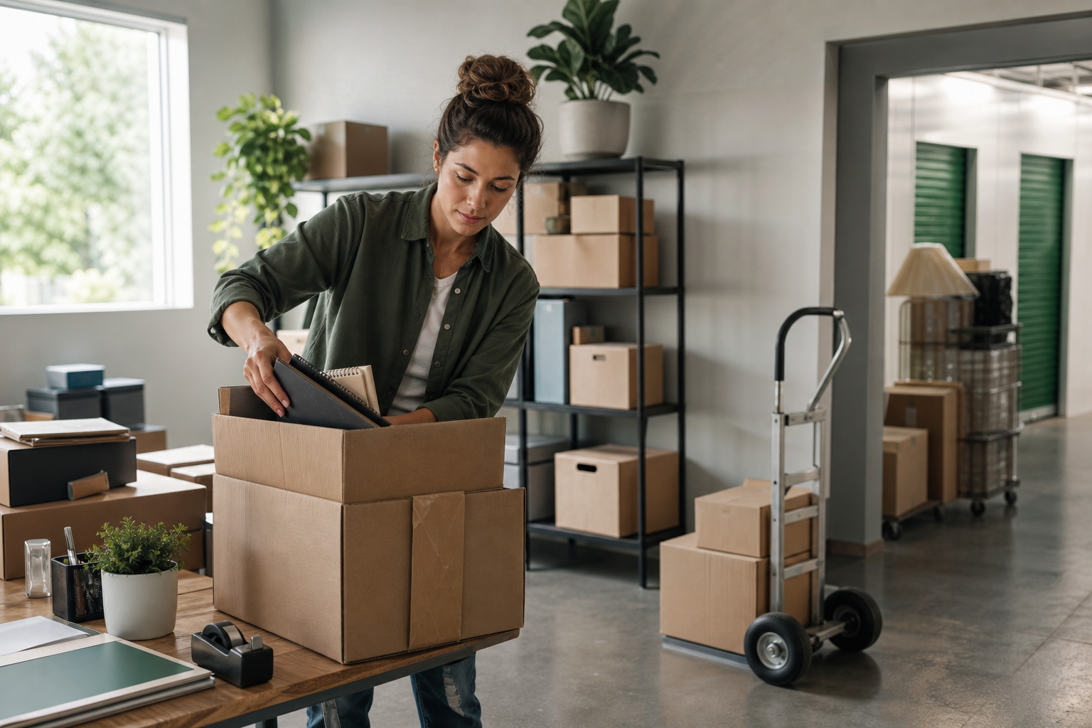 Business owner packing office inventory for storage