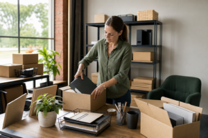 Business owner packing office inventory for storage