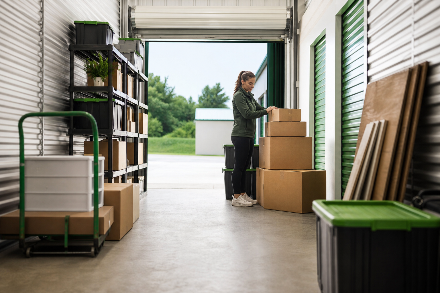 Organized storage unit with boxes bins and furniture covers