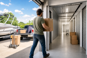 Boxes moving into climate controlled storage on a hot day