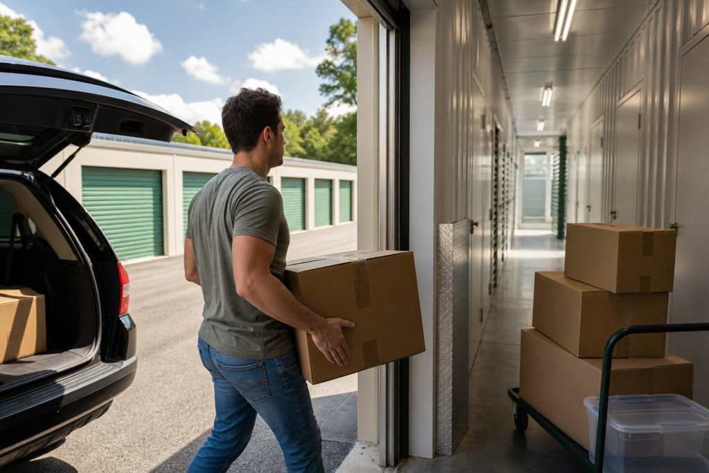 Boxes moving into climate controlled storage on a hot day