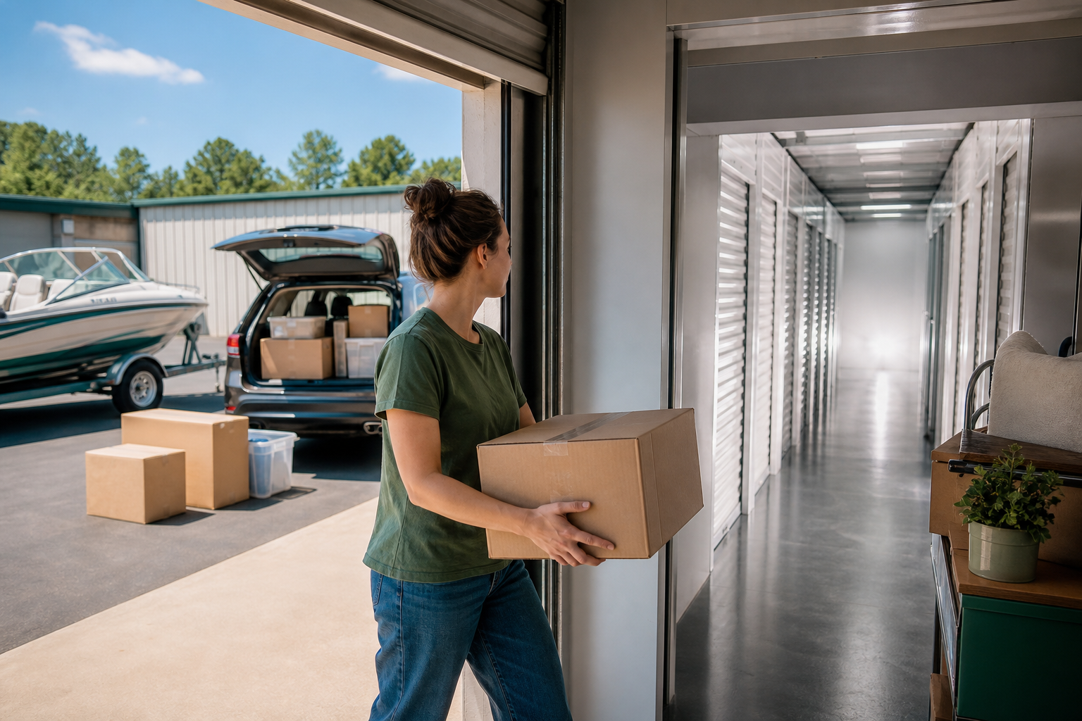 Boxes moving into climate controlled storage on a hot day