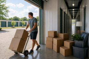 Boxes moving into climate controlled storage on a hot day