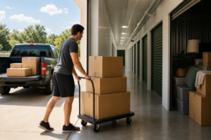 Boxes moving into climate controlled storage on a hot day