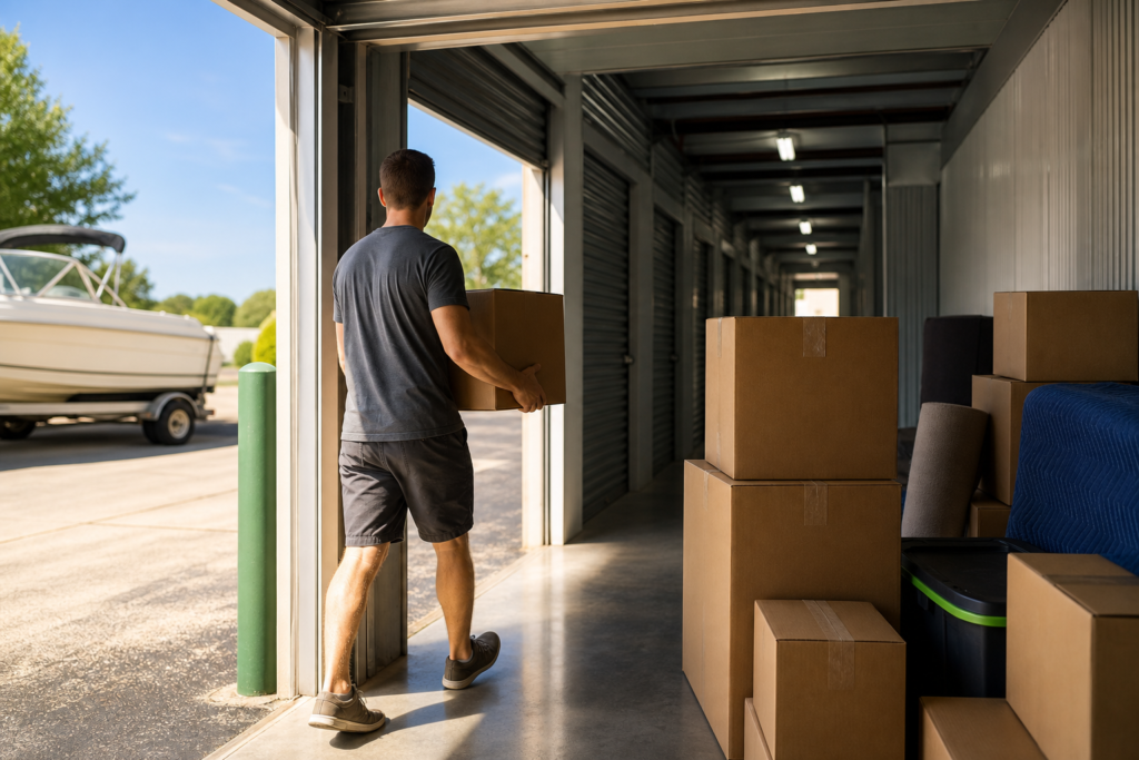 Boxes moving into climate controlled storage on a hot day