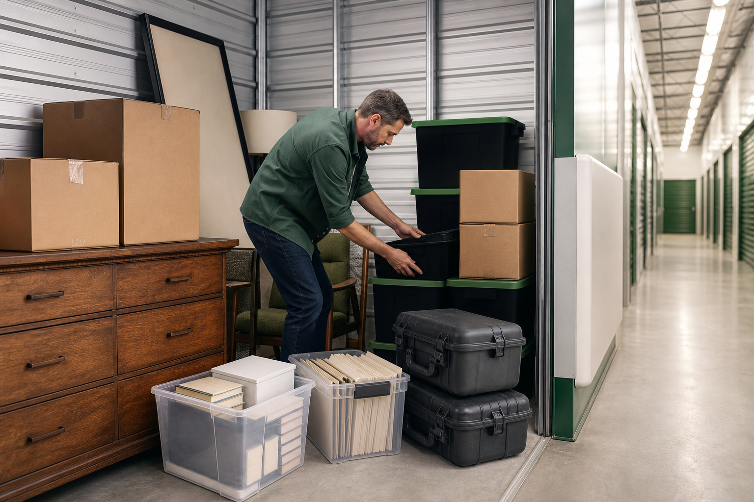 Short loading path into a drive up storage unit
