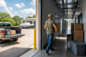 Boxes moving into climate controlled storage on a hot day