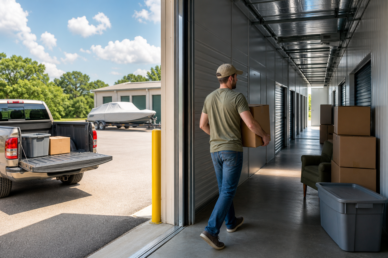 Boxes moving into climate controlled storage on a hot day