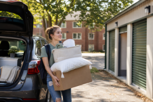 College student carrying boxes for storage