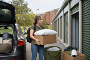 College student carrying boxes for storage