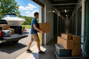 Boxes moving into climate controlled storage on a hot day